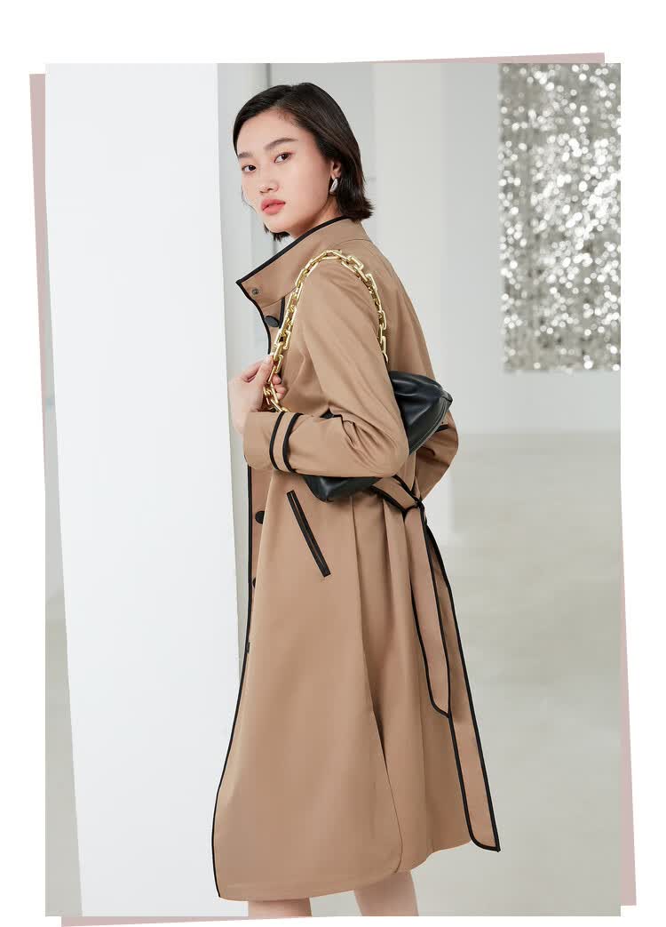 娜尔思naersi 秋装线性艺术斜纹含棉风衣女中长款外套 灰橙黄色 l