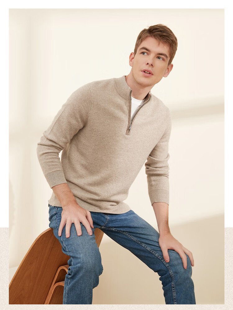 米皇mihuang100山羊绒高领针法半拉链休闲百搭男士羊绒衫藏青m