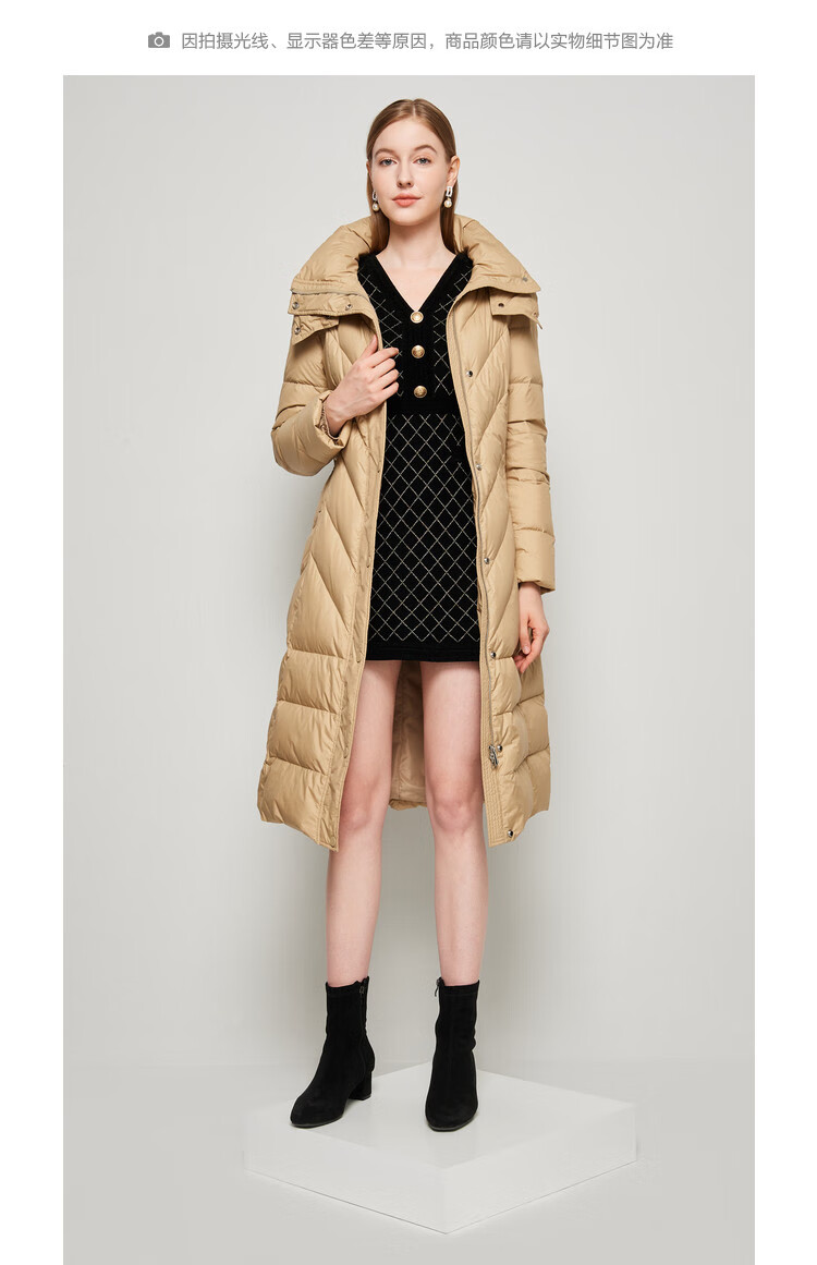 恩曼琳anmani21冬可拆卸帽收腰口袋拉链中长款女羽绒服卡其s