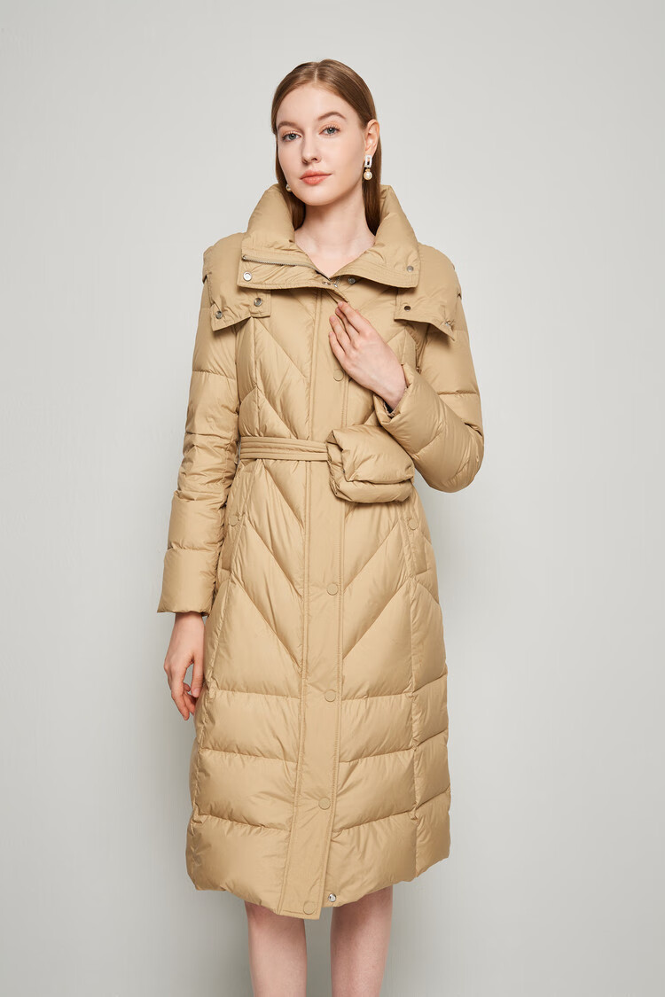 恩曼琳anmani21冬可拆卸帽收腰口袋拉链中长款女羽绒服卡其s