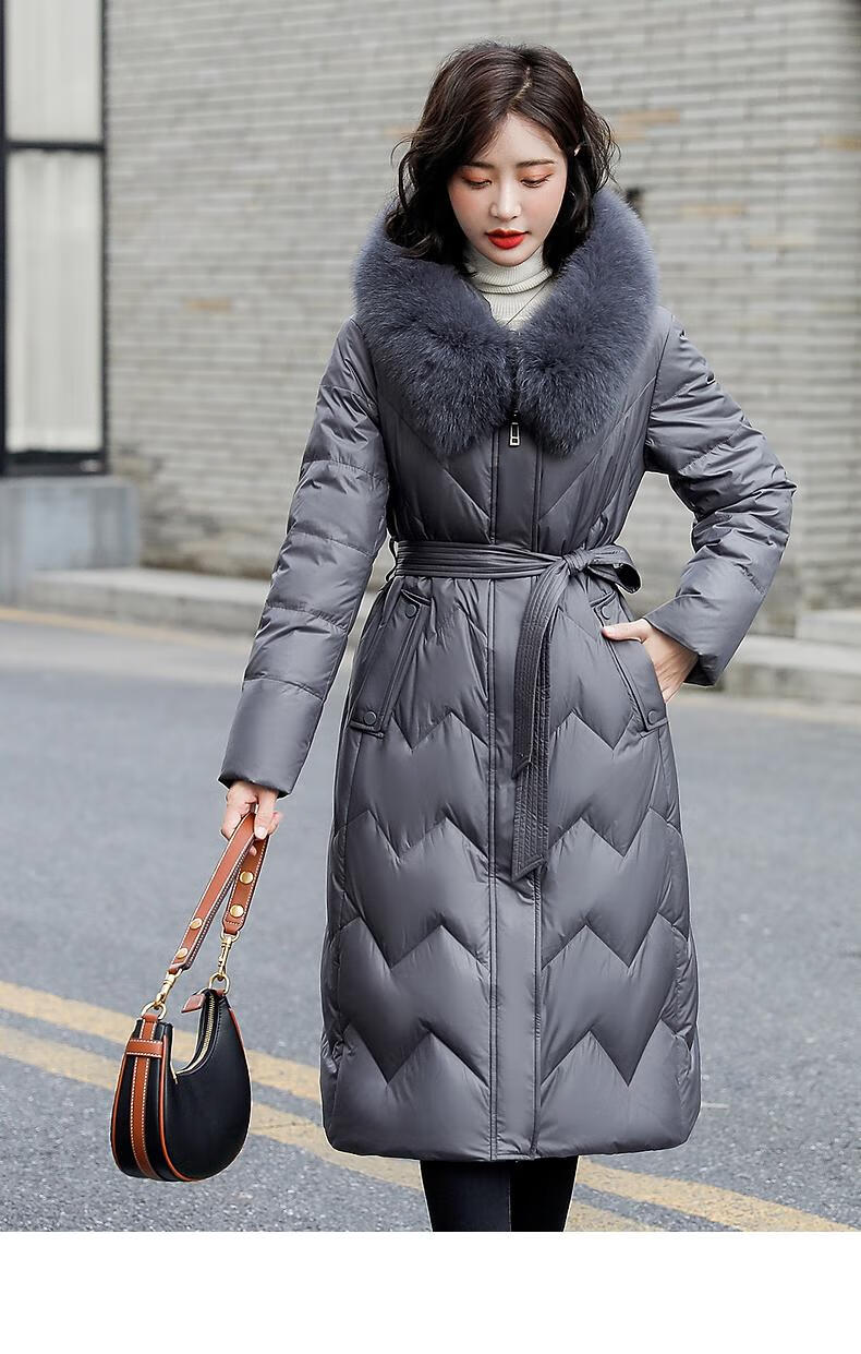 2021年冬季新款女装大毛领连帽收腰冬装白鸭绒时尚保暖反季羽绒服纯色