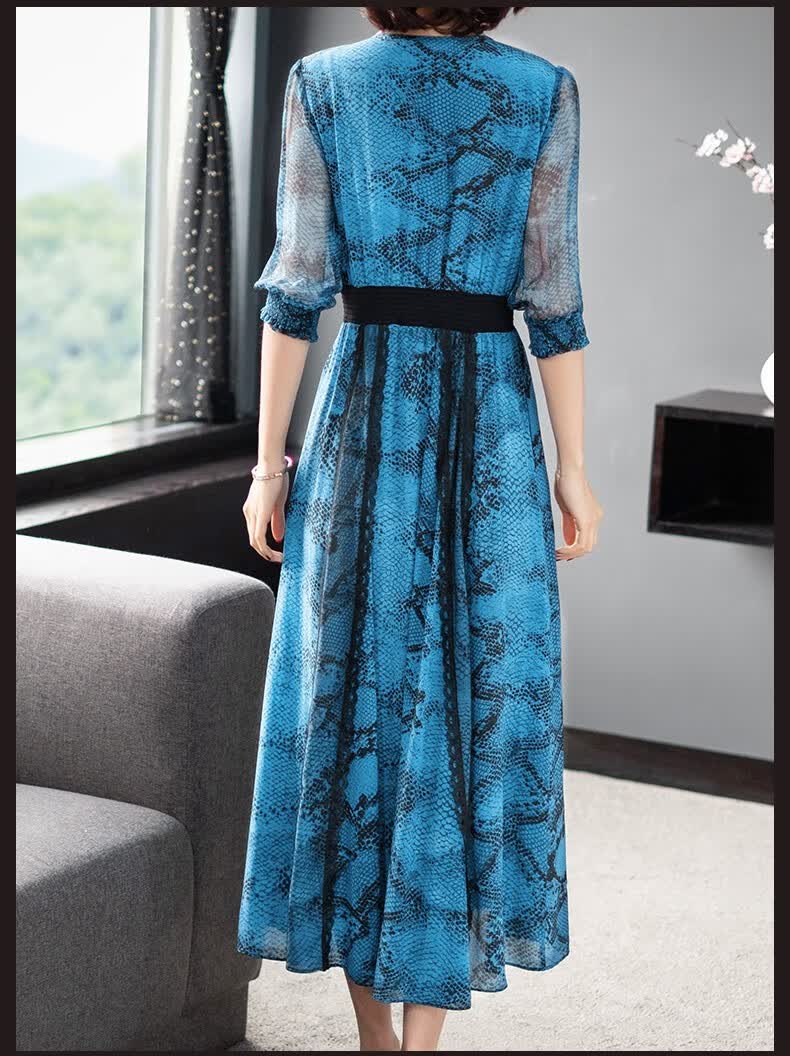伊莲娜品牌真丝连衣裙2020春夏新款有女人味的蕾丝拼接雪纺桑蚕丝绸长