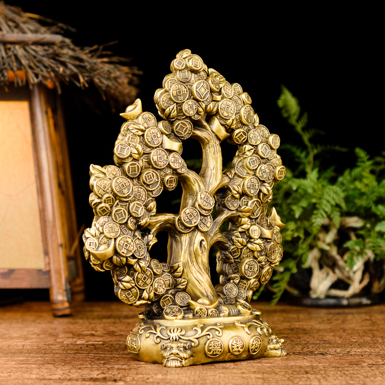 铜一家黄铜摇钱树摆件 创意家居装饰品客厅办公室电视柜小摆件 青铜色