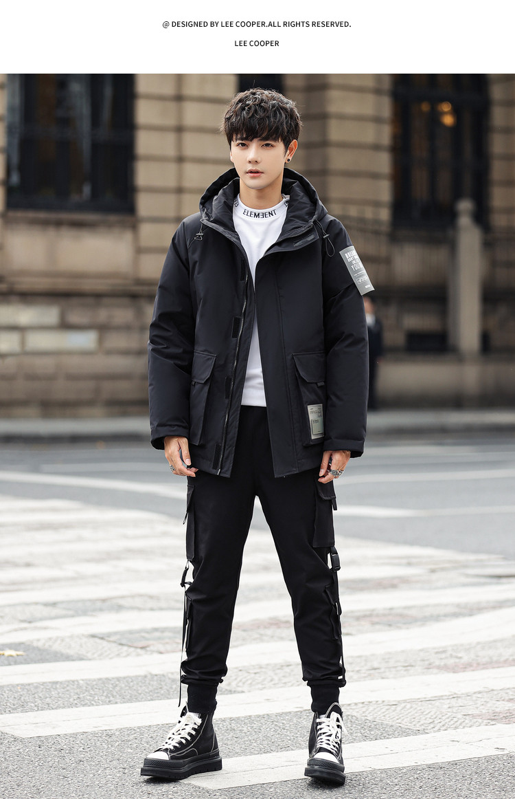 lee cooper 90绒冬季新款羽绒服男保暖白鸭绒短款连帽时尚羽绒外套男