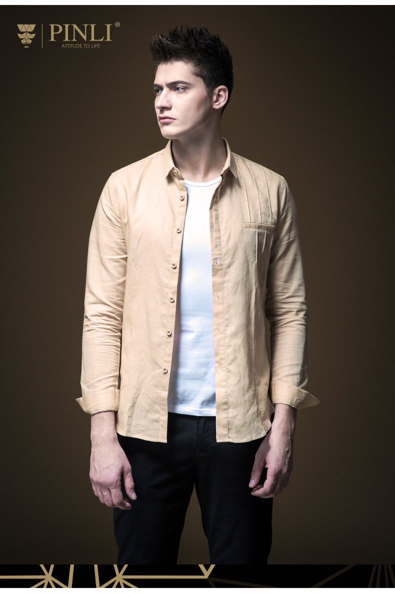 pinli品立春季新款男装棉麻长袖衬衫亚麻男士上衣b191113132 浅卡其
