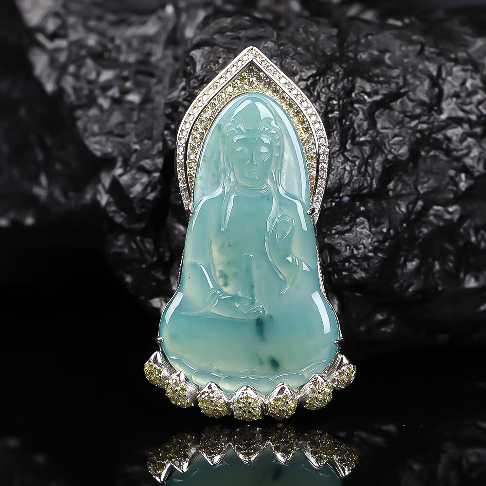 er23797 天然翡翠a货蓝水s925银豪华镶嵌观音