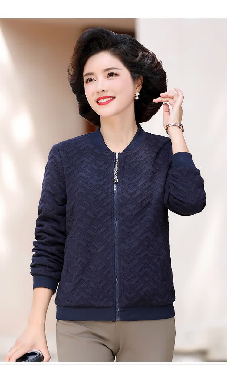 茜韵婡秋季2021中老年女装休闲棒球领夹克百搭提花妈妈装外套藏青色