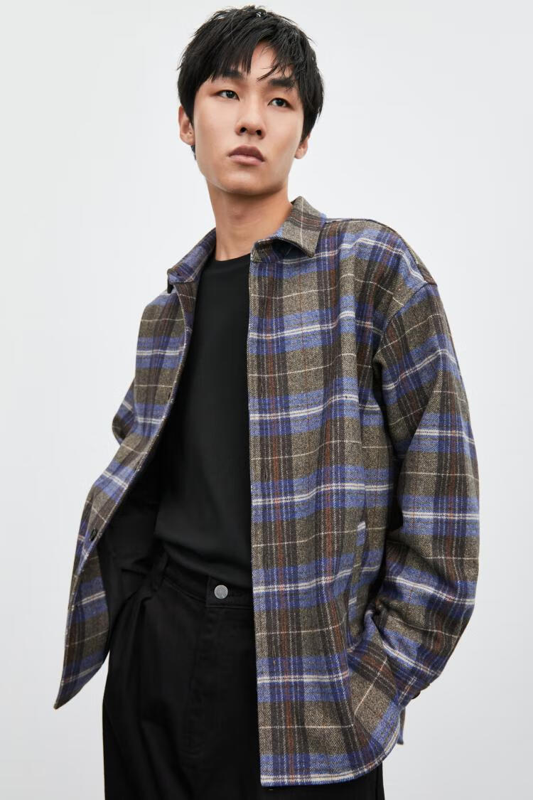 urban revivo ur男装简约翻领厚款长袖大衣外套mf48r1gn2003 蓝色格子