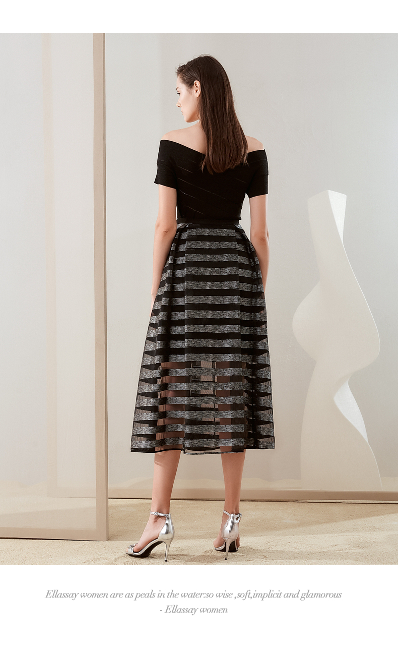 ellassay歌力思2022春季新款精致优雅蕾丝透纱条纹设计露肩连衣裙ewf