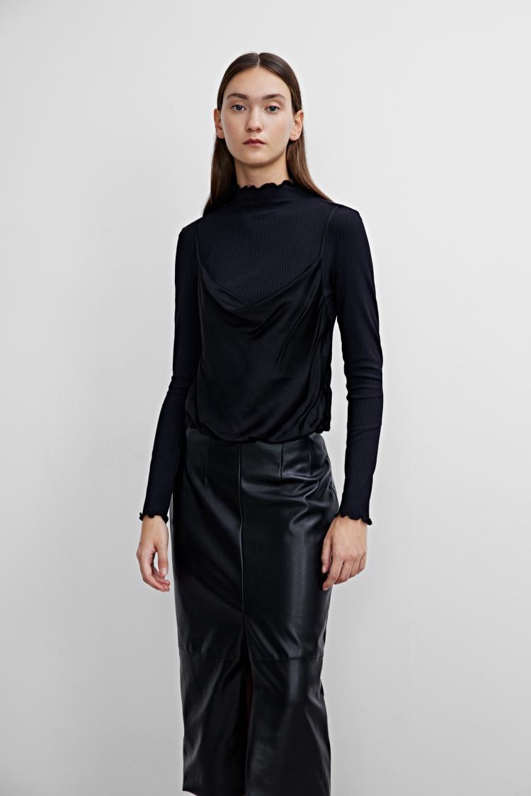 urbanrevivour时尚假两件木耳边高领紧身t恤wg37s4me2003正黑l