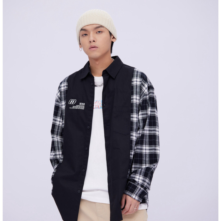 堡狮龙bossinibossinix男装秋季新款纯棉设计感拼接衬衫990黑色m