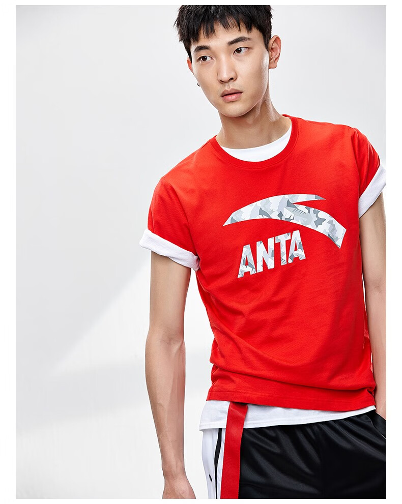 安踏男装短袖男子t恤汤普森kt简约针织圆领时尚大logo透气印花上衣棉
