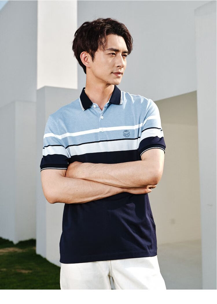 金利来goldlion 【酷派丝】22年新款含桑蚕丝条纹男士短袖t恤polopolo