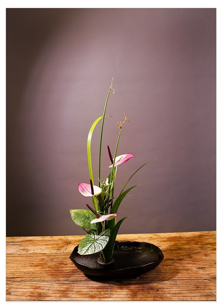 不规则长方形体船型陶瓷水盘黑色水盘小原流写景写意插花 黑色船型