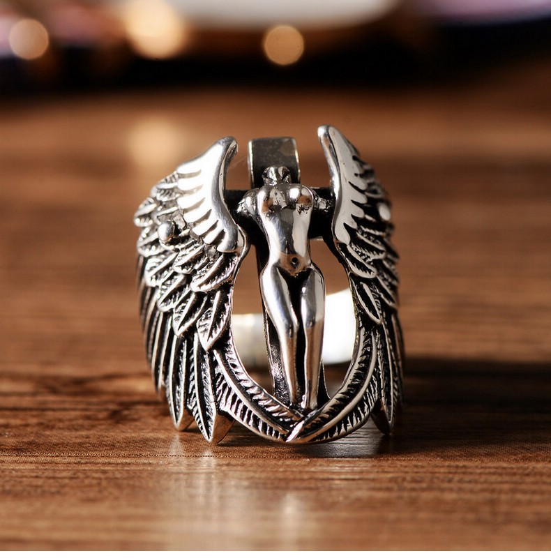 蓝月光s925银饰品复古泰银守护天使个性夸张银戒指男时尚潮男霸气戒指