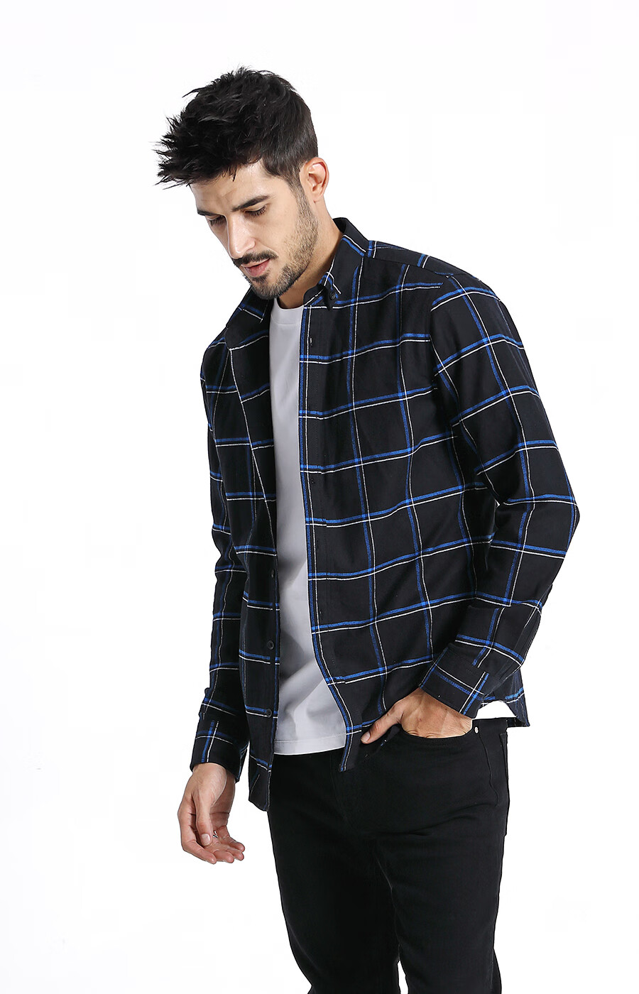 simwood简木男装2021春季新款欧美休闲格子衬衣男士翻领长袖衬衫