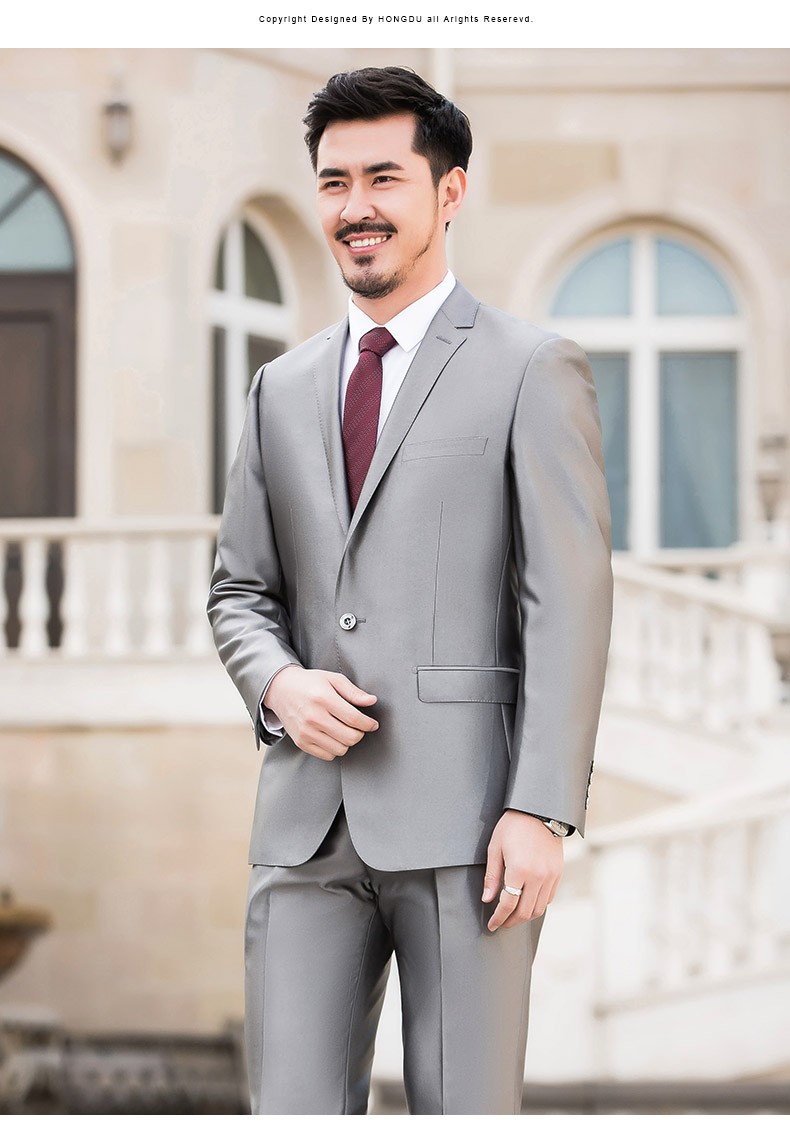 红都春秋新款男装西服套装商务休闲正装男士上班开会灰色西装套西ax