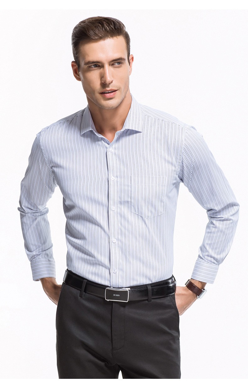 busen步森男装长袖衬衫男细条纹商务男士衬衣职业百搭抗竖条子衬衫