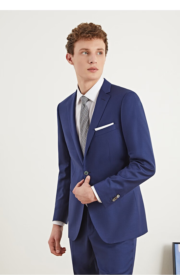 lampo/蓝豹男士新品商务正装中蓝隐格纹丝羊毛套装西服上衣 中蓝 50c