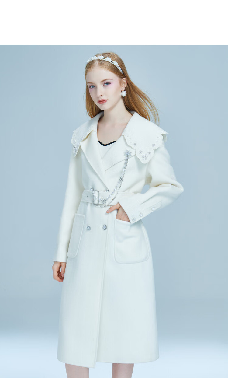 欣贺艾薇aivei 2022冬季新品钉珠翻领过膝长款双面呢大衣毛呢大衣