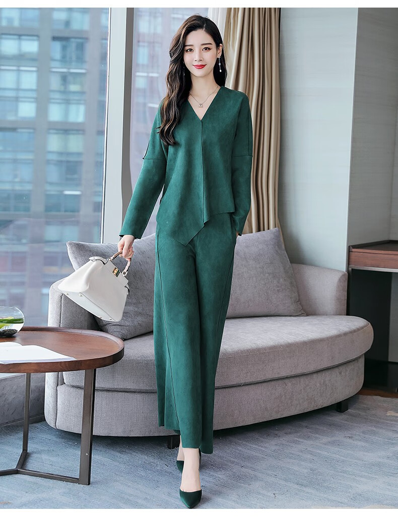 休闲裤套装女2019年春装新款韩版修身大码宽松不规则上衣 阔腿裤两件