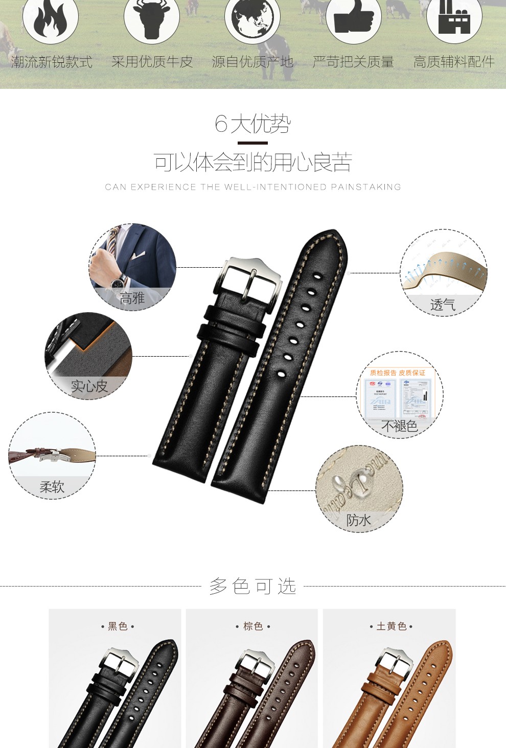 摩凡陀飞亚达手表带男真皮手表链针扣配件22mm黑色银扣接口宽度18mm