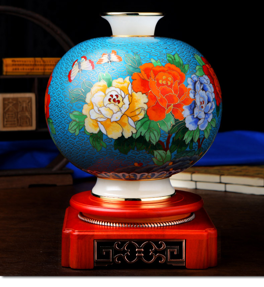 景泰蓝镶玉吉祥圆满富贵来花瓶北京正宗老货铜胎掐丝客厅摆件 乔迁