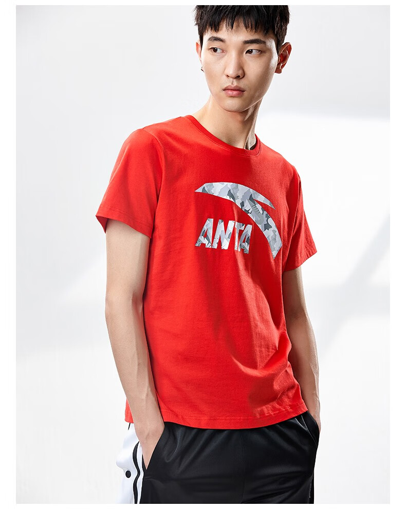 安踏男装短袖男子t恤汤普森kt简约针织圆领时尚大logo透气印花上衣棉