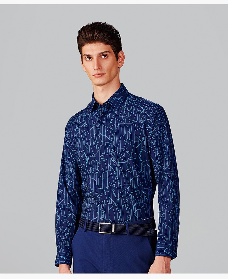 jodoll乔顿衬衫男春季新款个性图案潮流男士衬衣商务修身微弹蓝色37