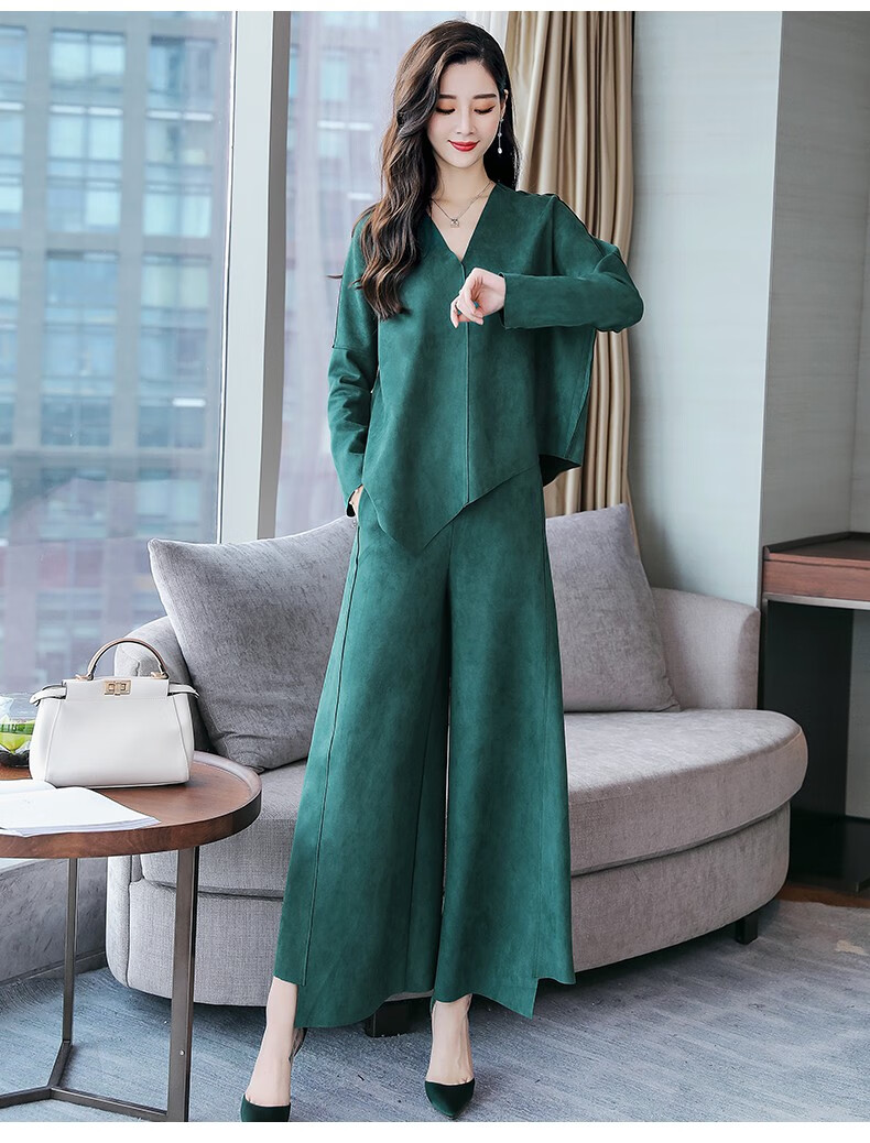 休闲裤套装女2019年春装新款韩版修身大码宽松不规则上衣 阔腿裤两件