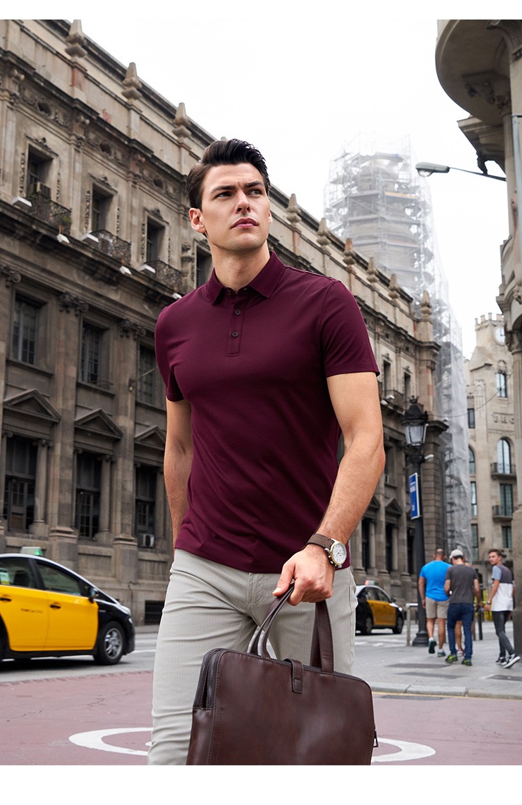 布先生 21年新款桑蚕丝短袖t恤 翻领经典纯色爽滑丝绸质感短袖t恤男at