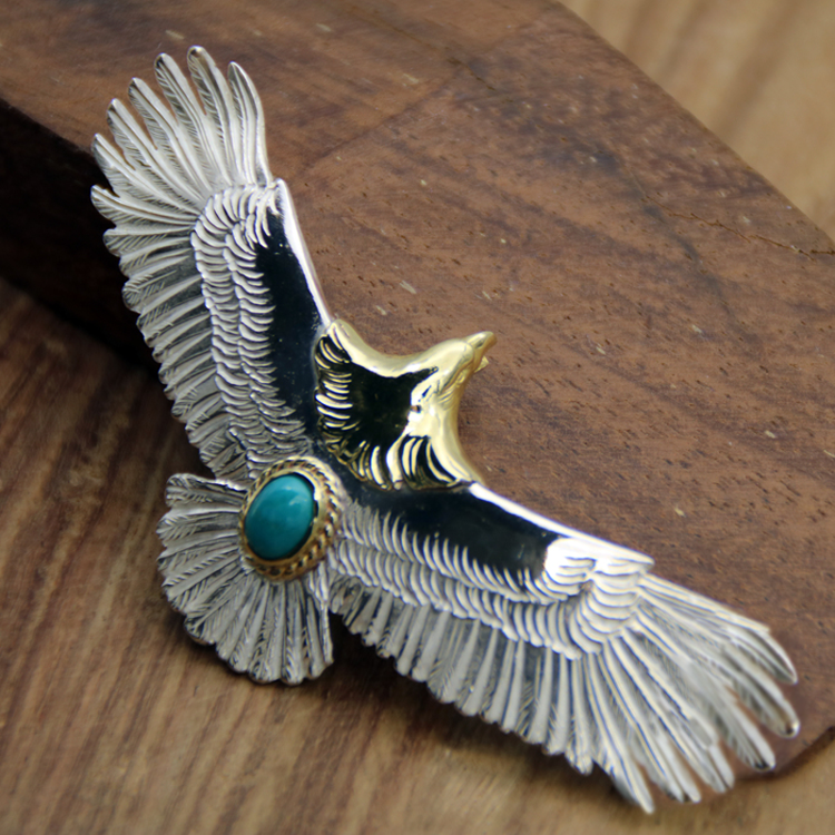 凡丘珠宝 银goros手工复刻高桥吾郎goros镶松石金绳老鹰金头大鹰吊坠