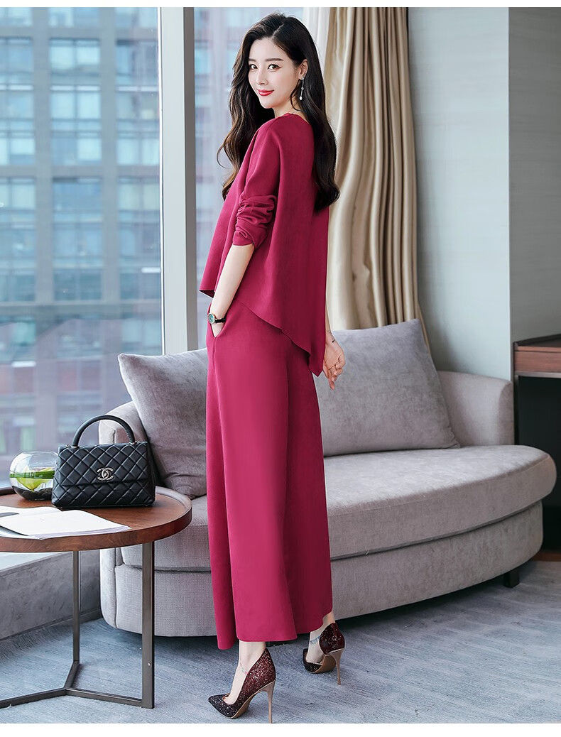 休闲裤套装女2019年春装新款韩版修身大码宽松不规则上衣 阔腿裤两件