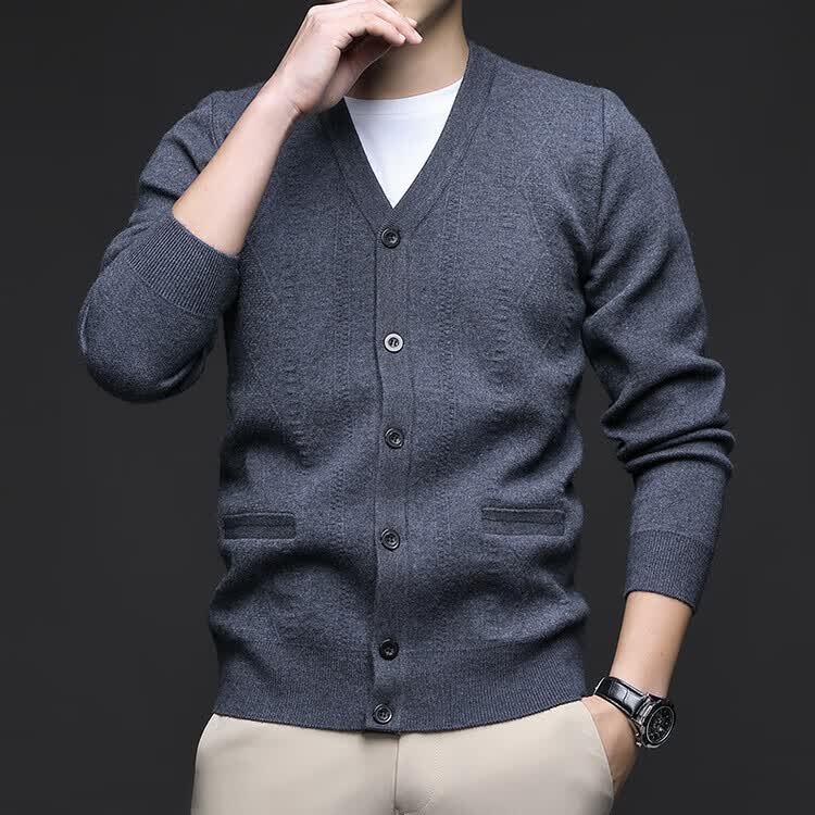 Hengyuanxiang Men's Knitted Cardigan Jacket Autumn Winter Middle-aged Solid Color Long Sleeve V-neck Button Sweater Light Camel L 41