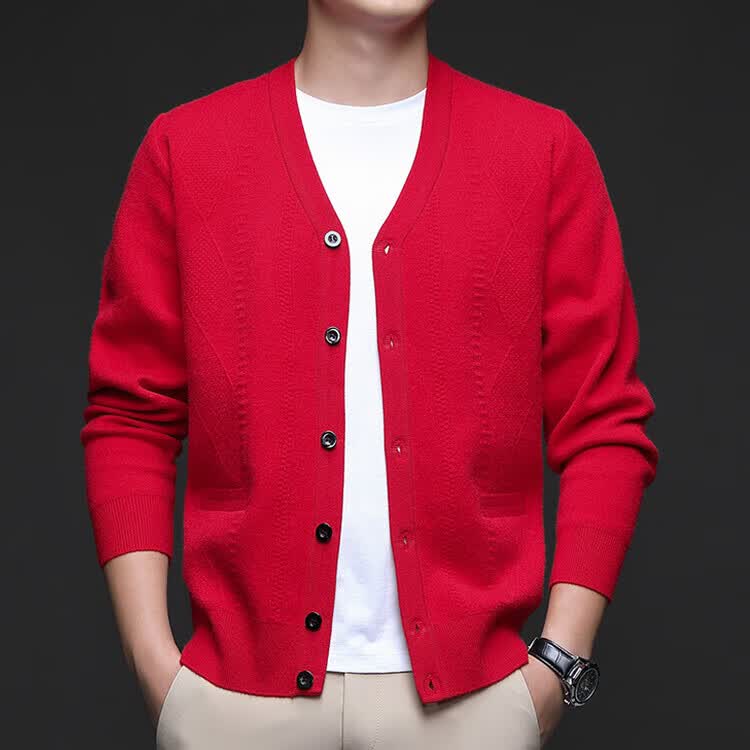 Hengyuanxiang Men's Knitted Cardigan Jacket Autumn Winter Middle-aged Solid Color Long Sleeve V-neck Button Sweater Light Camel L 35