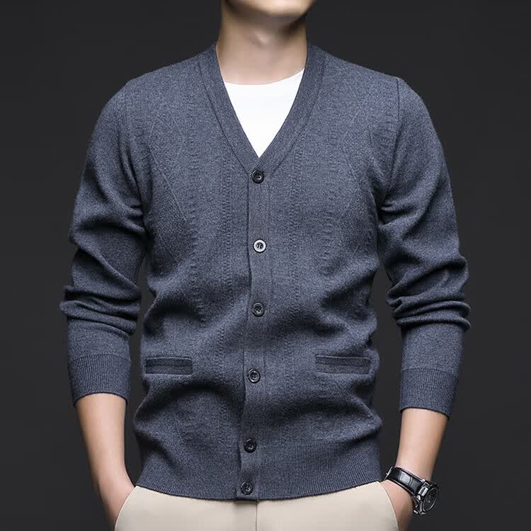 Hengyuanxiang Men's Knitted Cardigan Jacket Autumn Winter Middle-aged Solid Color Long Sleeve V-neck Button Sweater Light Camel L 39