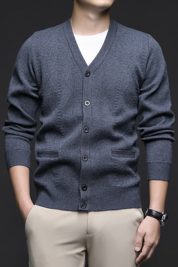 Hengyuanxiang Men's Knitted Cardigan Jacket Autumn Winter Middle-aged Solid Color Long Sleeve V-neck Button Sweater Light Camel L 26