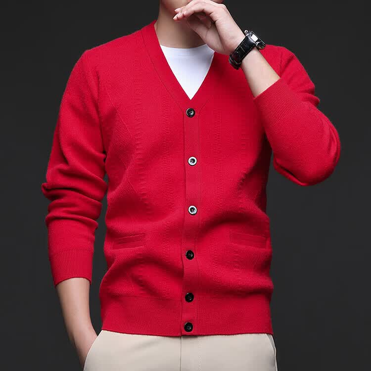 Hengyuanxiang Men's Knitted Cardigan Jacket Autumn Winter Middle-aged Solid Color Long Sleeve V-neck Button Sweater Light Camel L 33