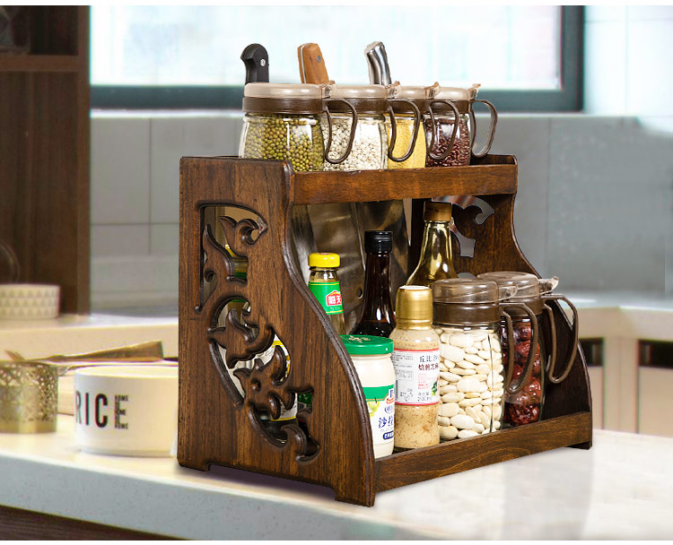 柚木双层厨房置物架调味料收纳架落地实木刀架调料架调味品架子