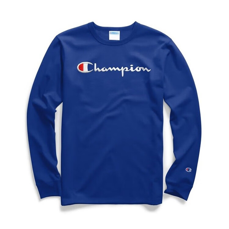 冠军champion美版男女经典纯色刺绣草写logo圆领长袖情侣薄套头卫衣