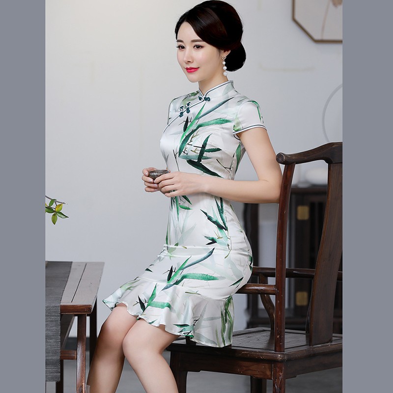 真丝旗袍裙短款修身春夏新款改良时尚蚕丝旗袍鱼尾连衣裙绿色1247xxl