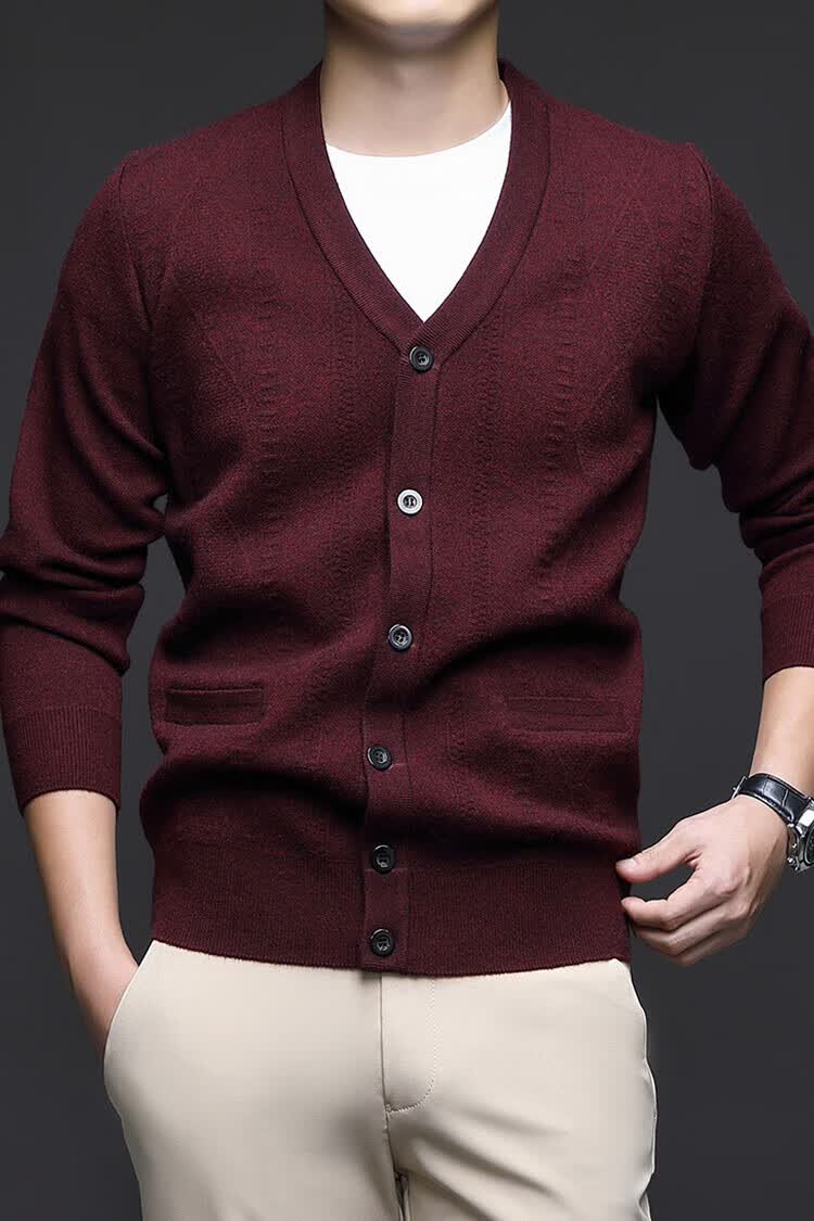 Hengyuanxiang Men's Knitted Cardigan Jacket Autumn Winter Middle-aged Solid Color Long Sleeve V-neck Button Sweater Light Camel L 23
