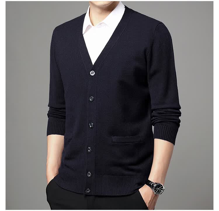 Hengyuanxiang Men's Knitted Cardigan Jacket Middle-aged and Elderly Autumn Winter Plus Size Thick Long Sleeve Sweater Light Gray L 9