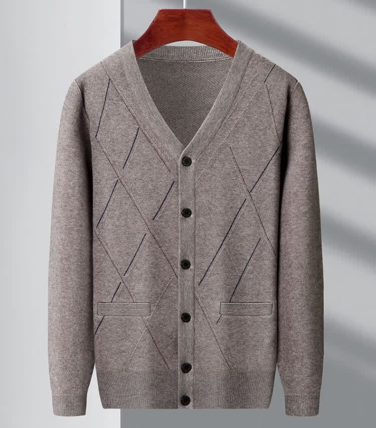Hengyuanxiang Men's Knitted V-Neck Cardigan Loose Casual Knit Base Shirt for Middle-aged and Elderly Dad Wear Camel L 16
