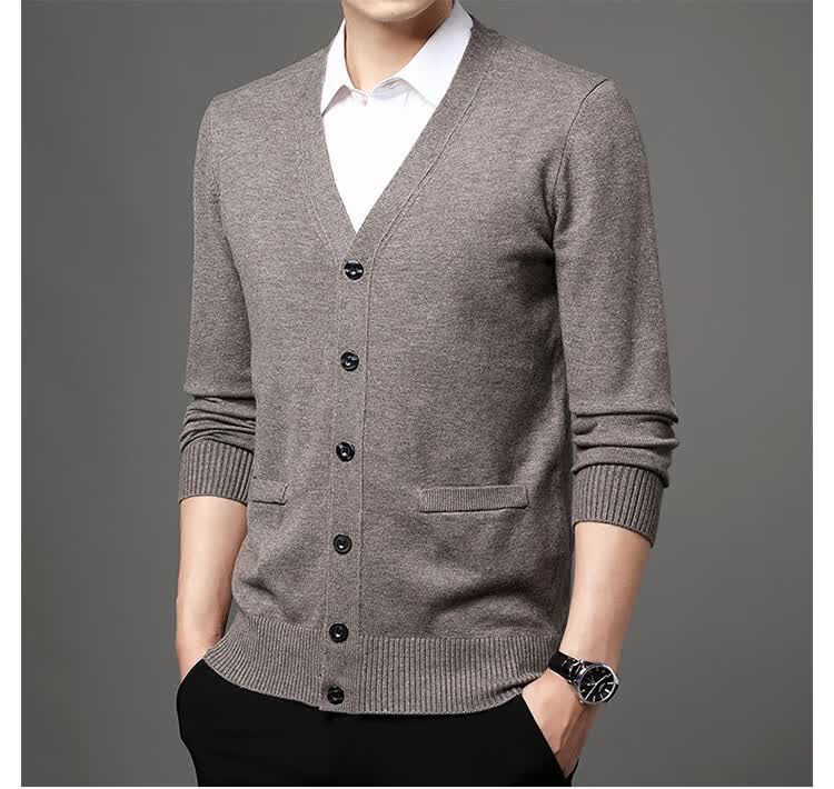 Hengyuanxiang Men's Knitted Cardigan Jacket Middle-aged and Elderly Autumn Winter Plus Size Thick Long Sleeve Sweater Light Gray L 6
