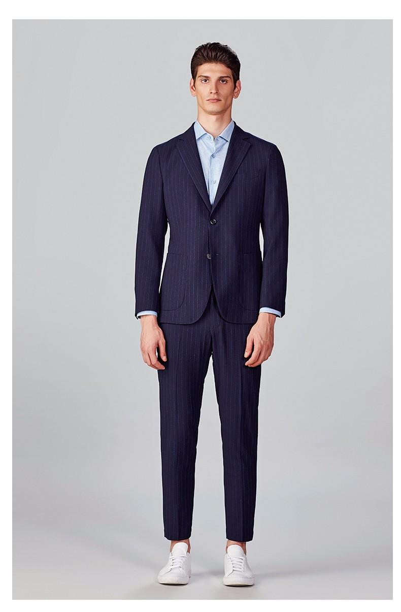 jodoll乔顿男装男士西服单西商务休闲亮丝竖条纹羊毛小西装外套男蓝色