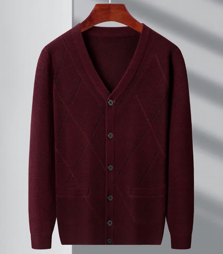 Hengyuanxiang Men's Knitted V-Neck Cardigan Loose Casual Knit Base Shirt for Middle-aged and Elderly Dad Wear Camel L 19