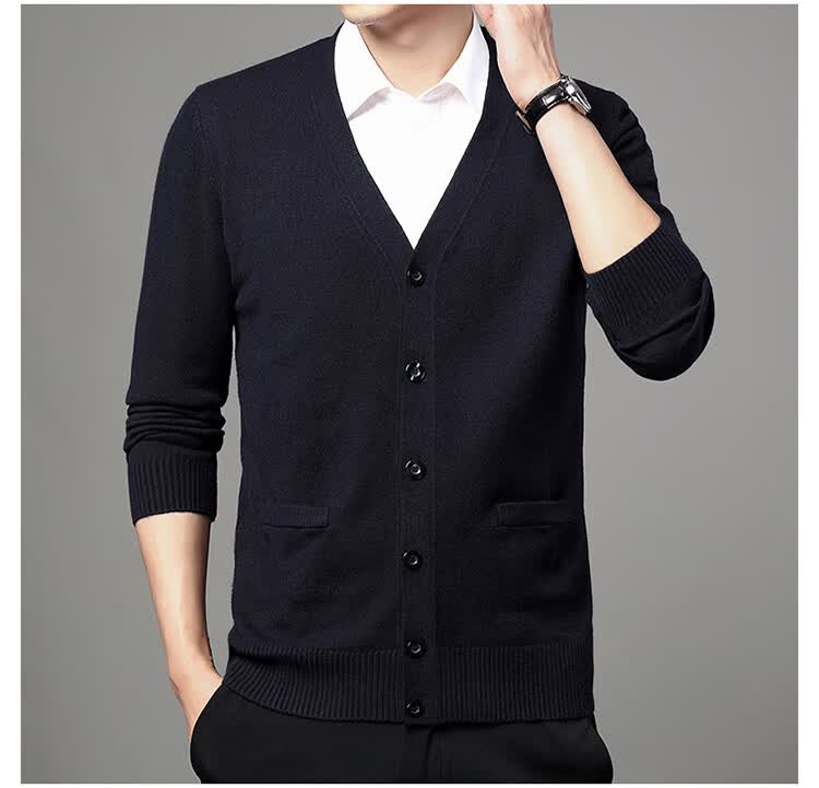 Hengyuanxiang Men's Knitted Cardigan Jacket Middle-aged and Elderly Autumn Winter Plus Size Thick Long Sleeve Sweater Light Gray L 8