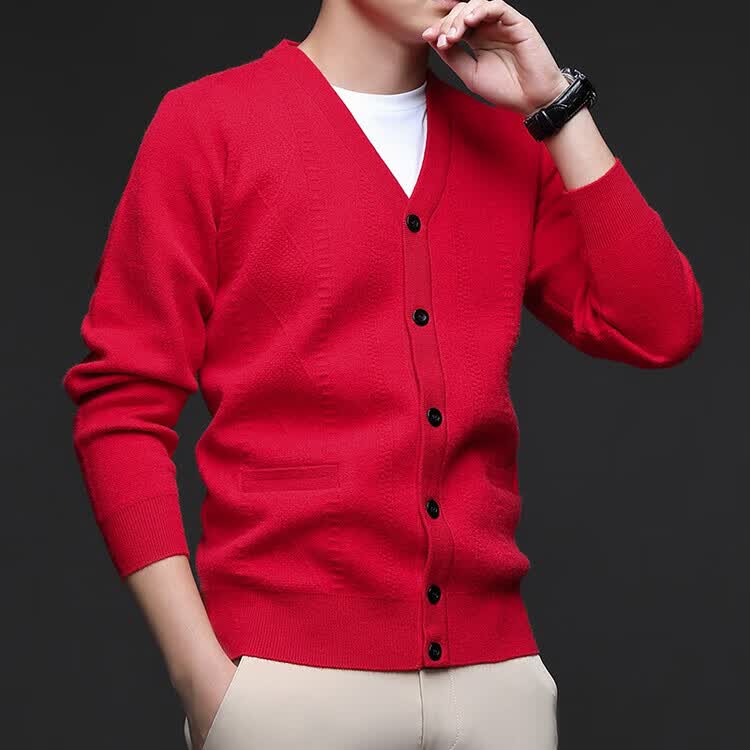 Hengyuanxiang Men's Knitted Cardigan Jacket Autumn Winter Middle-aged Solid Color Long Sleeve V-neck Button Sweater Light Camel L 34