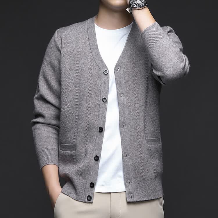 Hengyuanxiang Men's Knitted Cardigan Jacket Autumn Winter Middle-aged Solid Color Long Sleeve V-neck Button Sweater Light Camel L 38